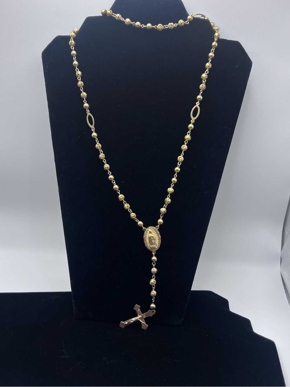 Gold Tone Rosary Bead Necklace with Crucifix - Women's Jewelry